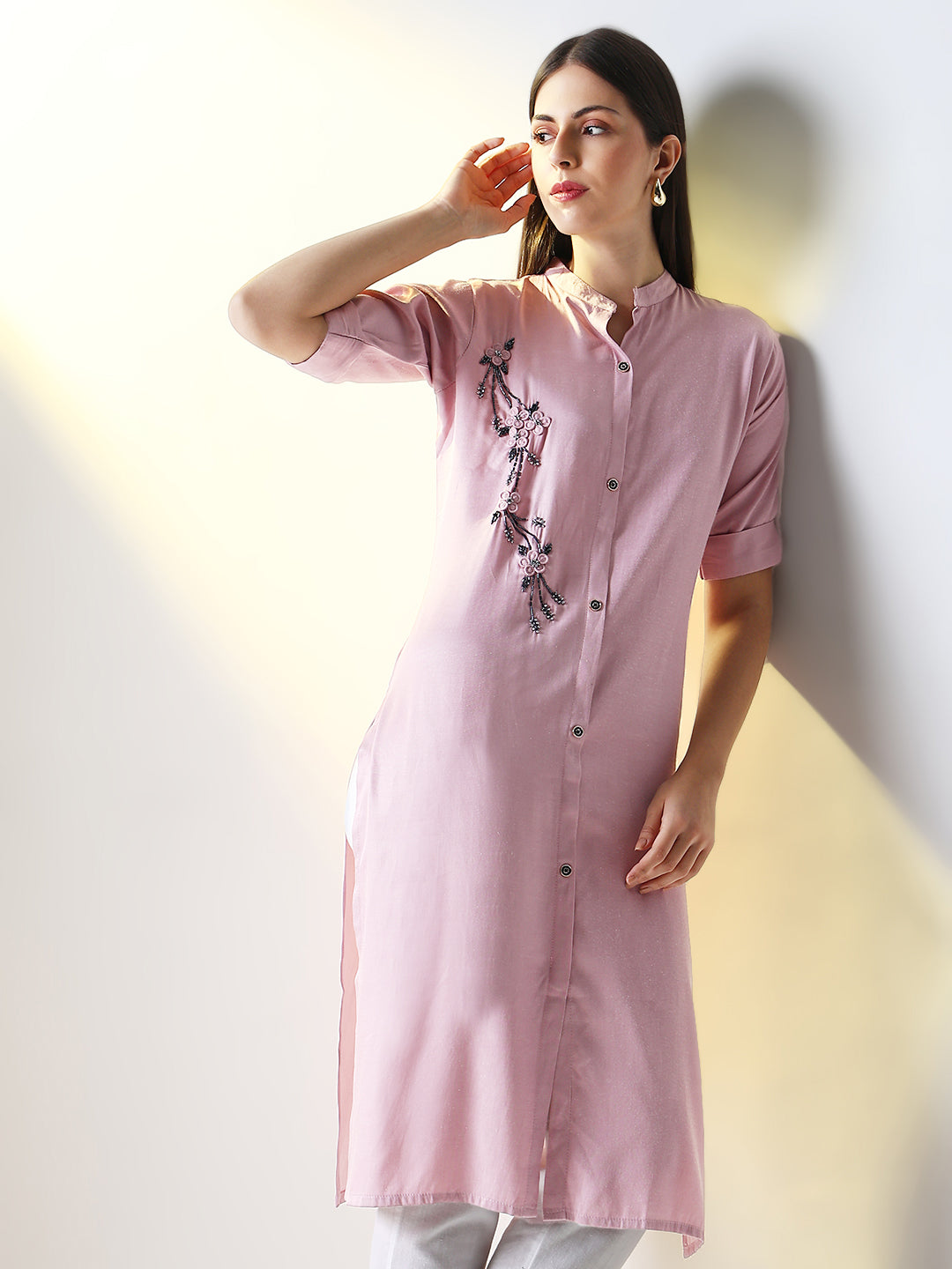 Women's Pink Solid Straight Kurta