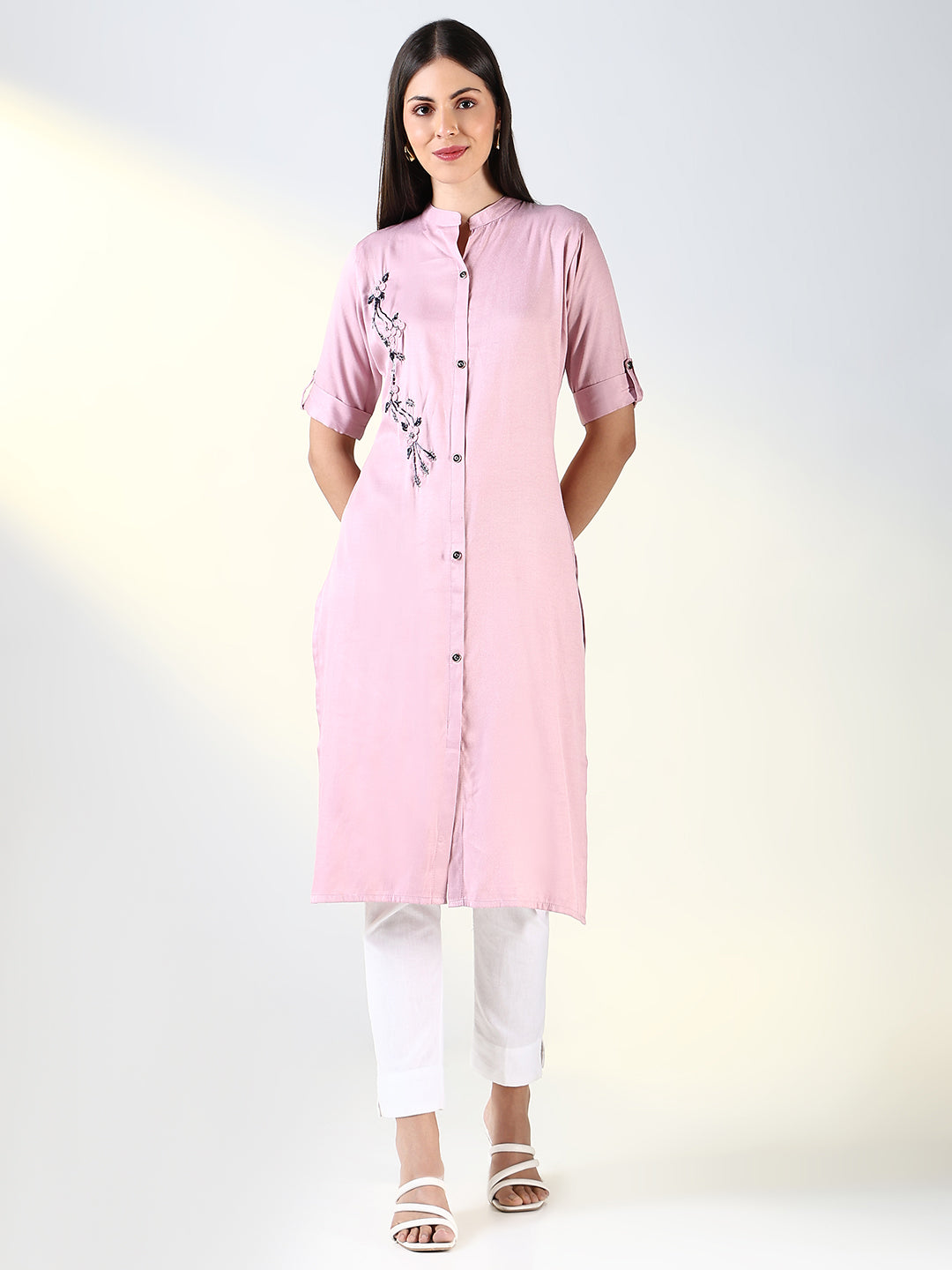 Women's Pink Solid Straight Kurta