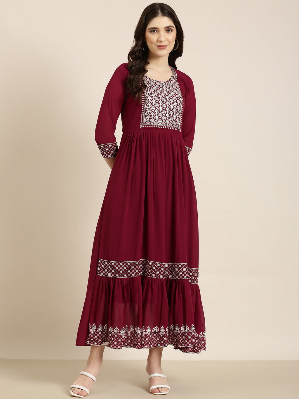 Women's Magenta Ethnic Motifs Embroidered Sequinned Georgette Anarkali Kurta