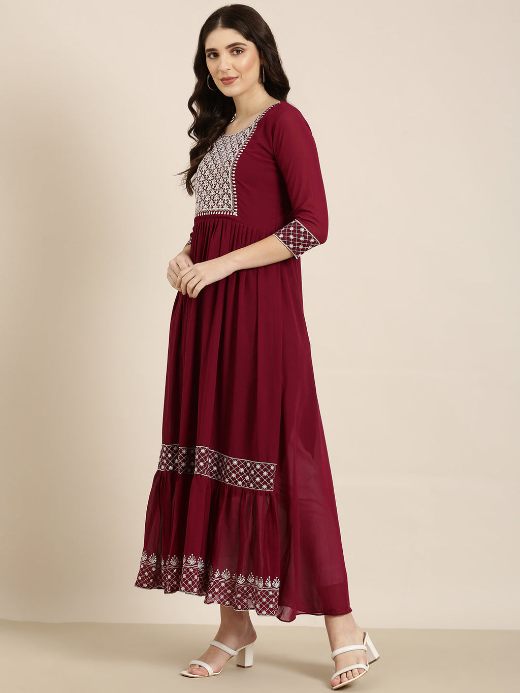 Women's Magenta Ethnic Motifs Embroidered Sequinned Georgette Anarkali Kurta