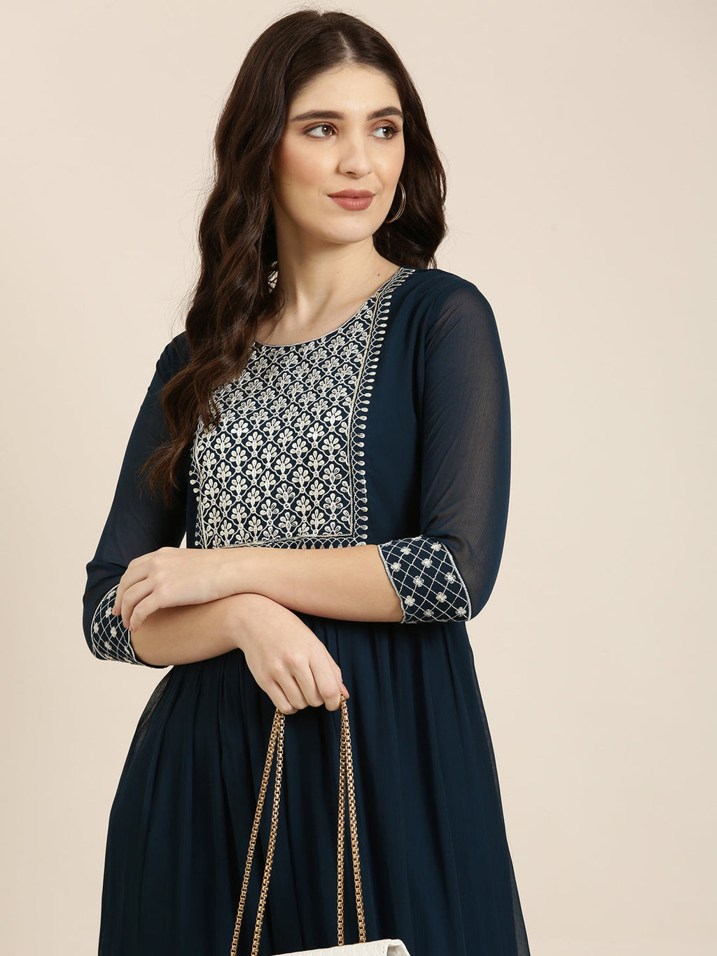 Women's Teal Geometric Embroidered Thread Work Anarkali Kurta