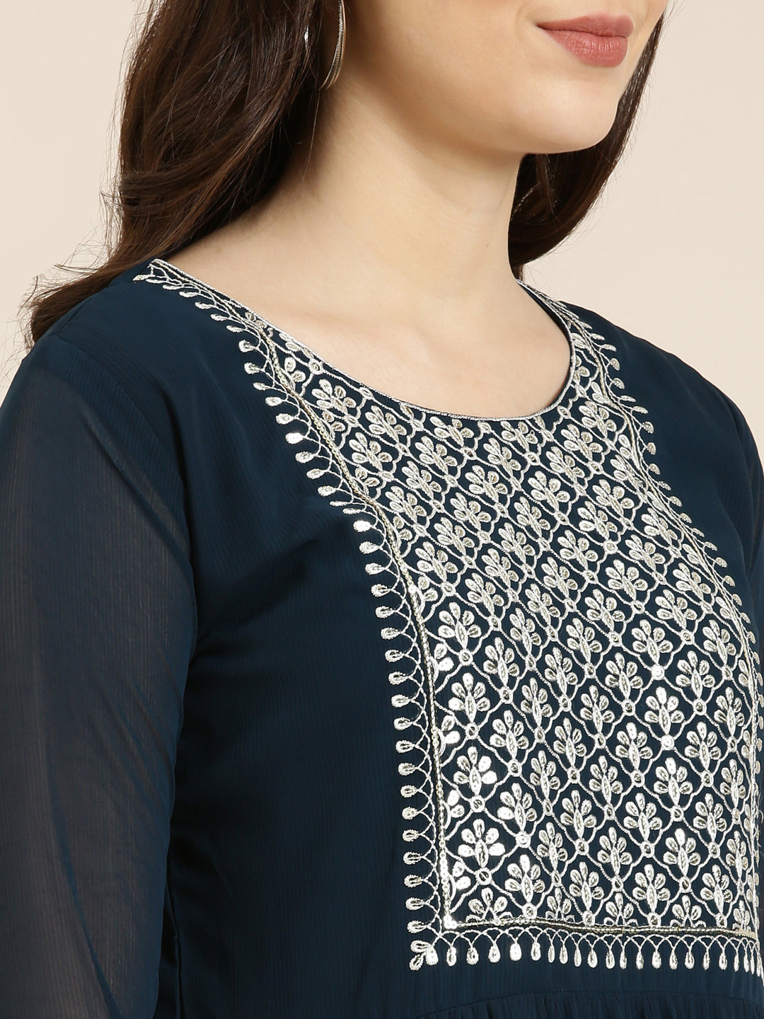 Women's Teal Geometric Embroidered Thread Work Anarkali Kurta