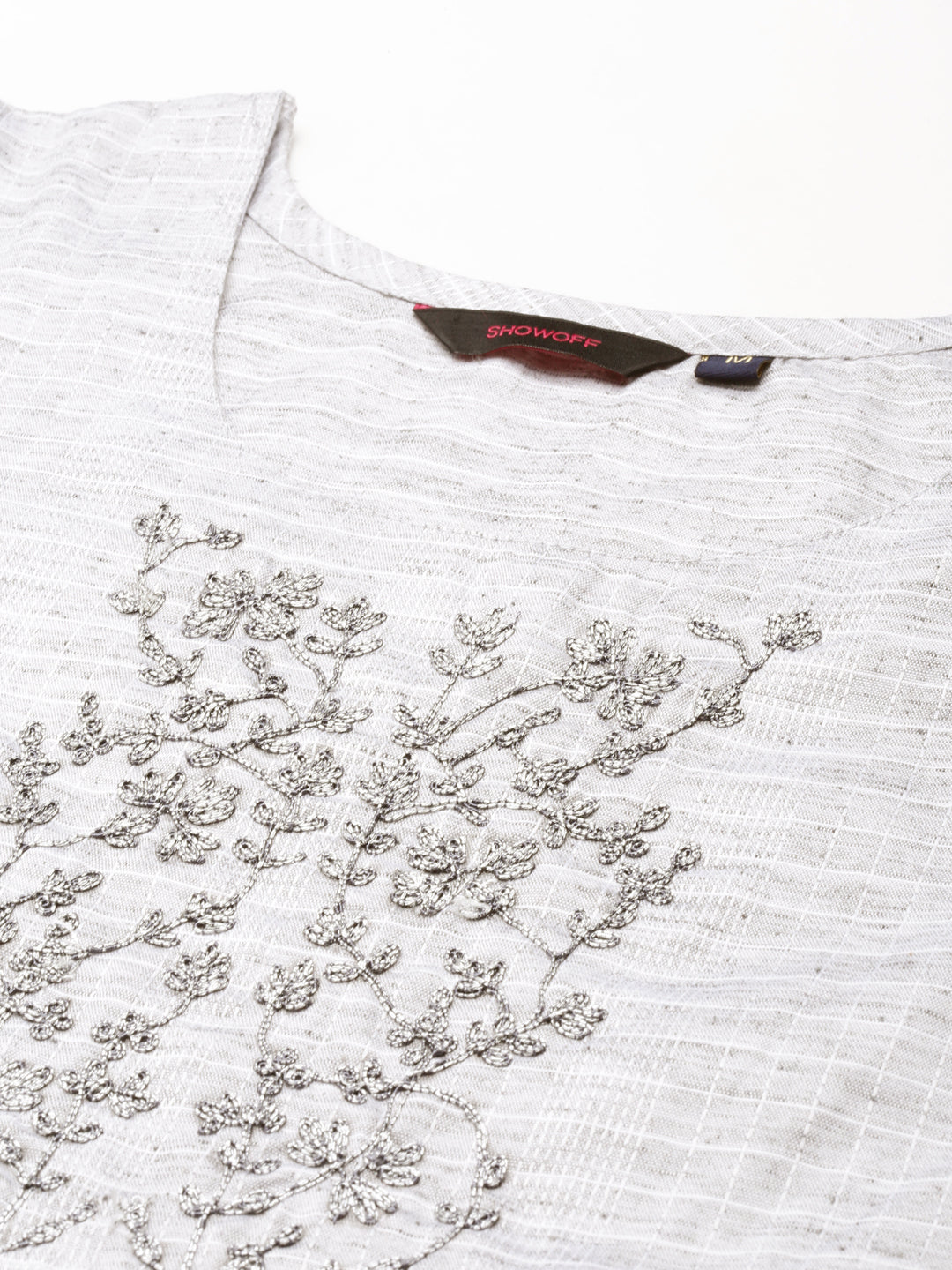 Women's Grey Checked Thread Work Straight Kurta