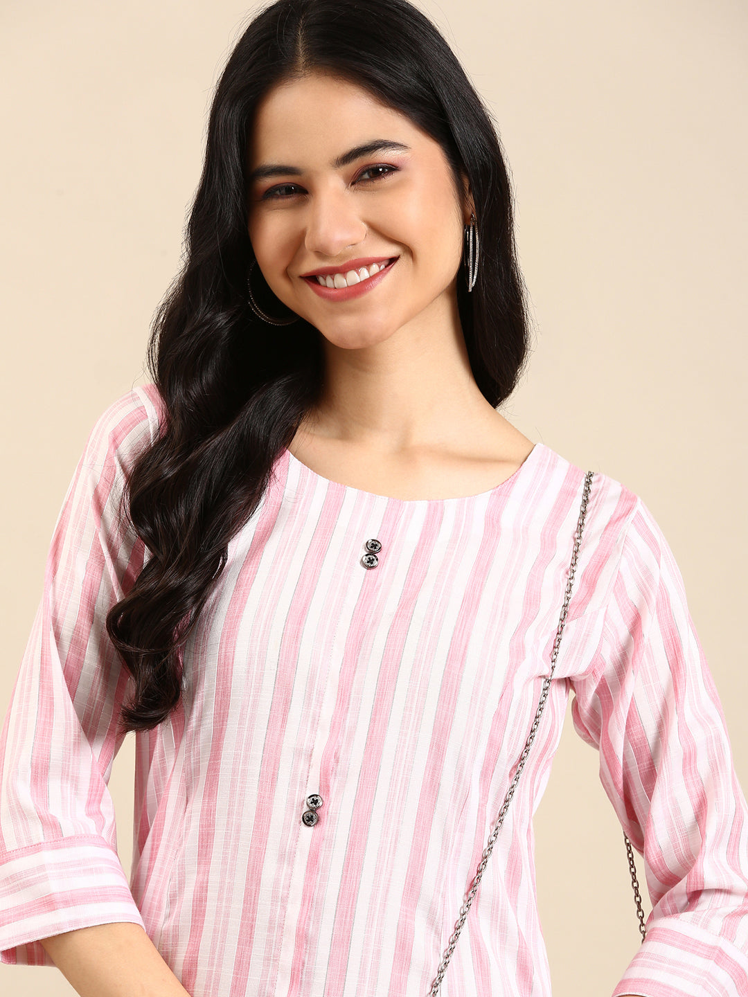 Women's Pink Striped Printed Pastels Straight Kurta