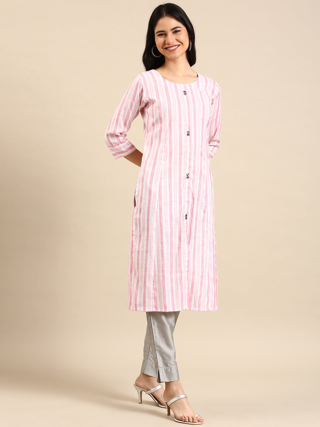 Women's Pink Striped Printed Pastels Straight Kurta