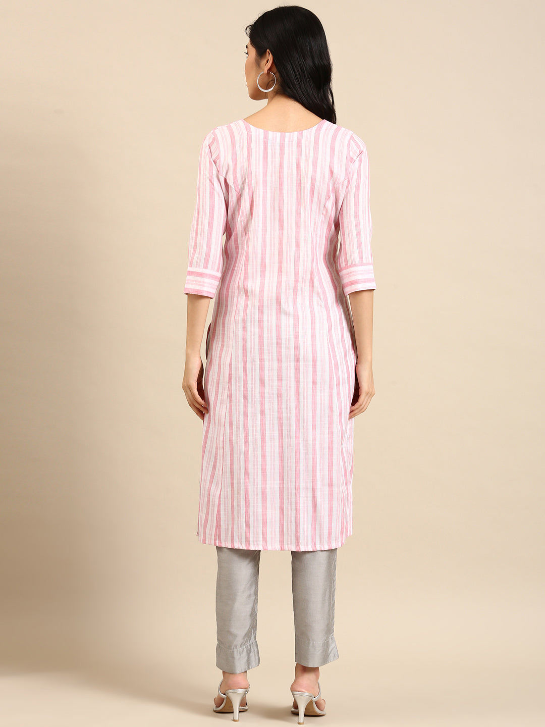 Women's Pink Striped Printed Pastels Straight Kurta