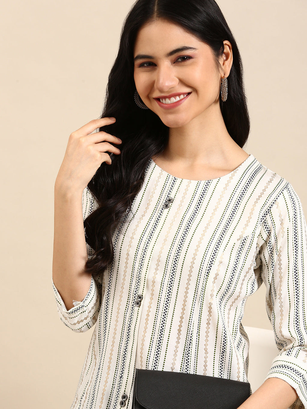 Women's White Geometric Striped Straight Kurta