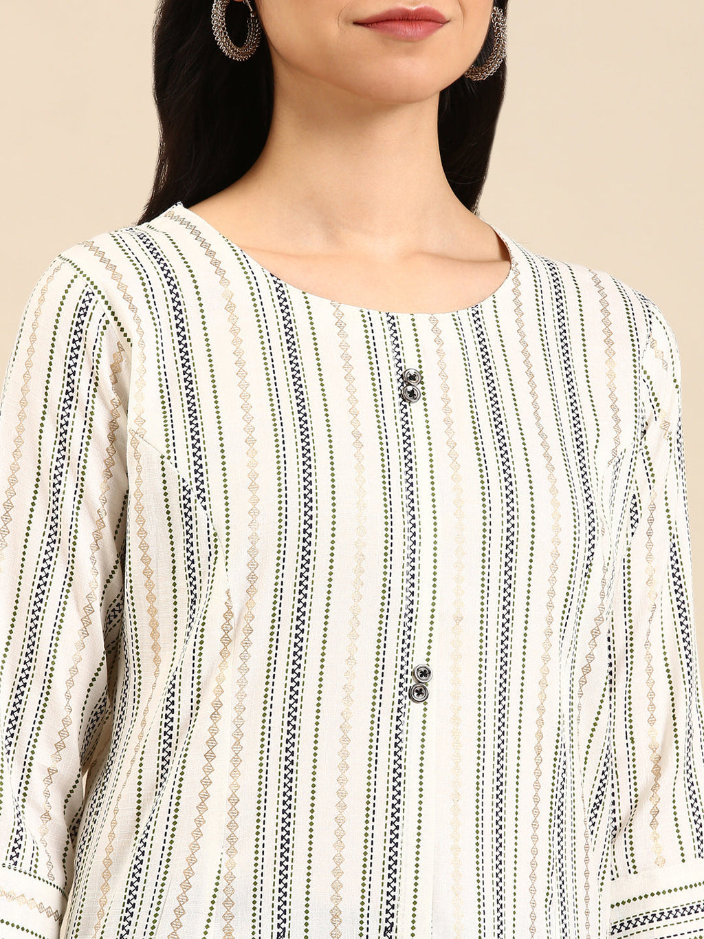 Women's White Geometric Striped Straight Kurta