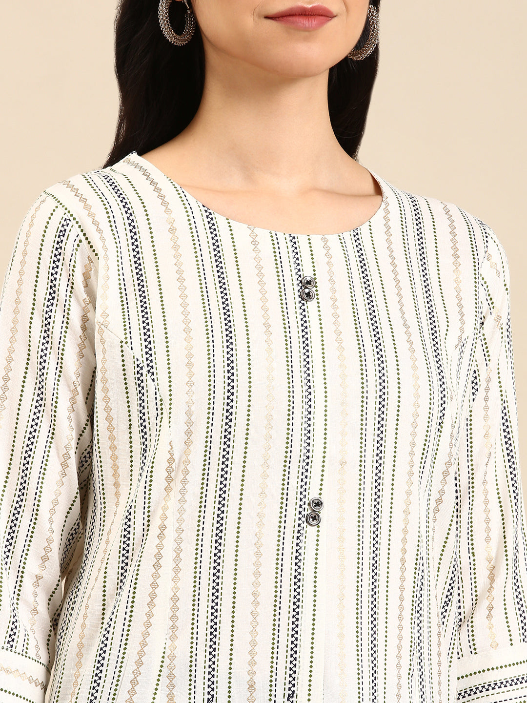 Women's White Geometric Striped Straight Kurta