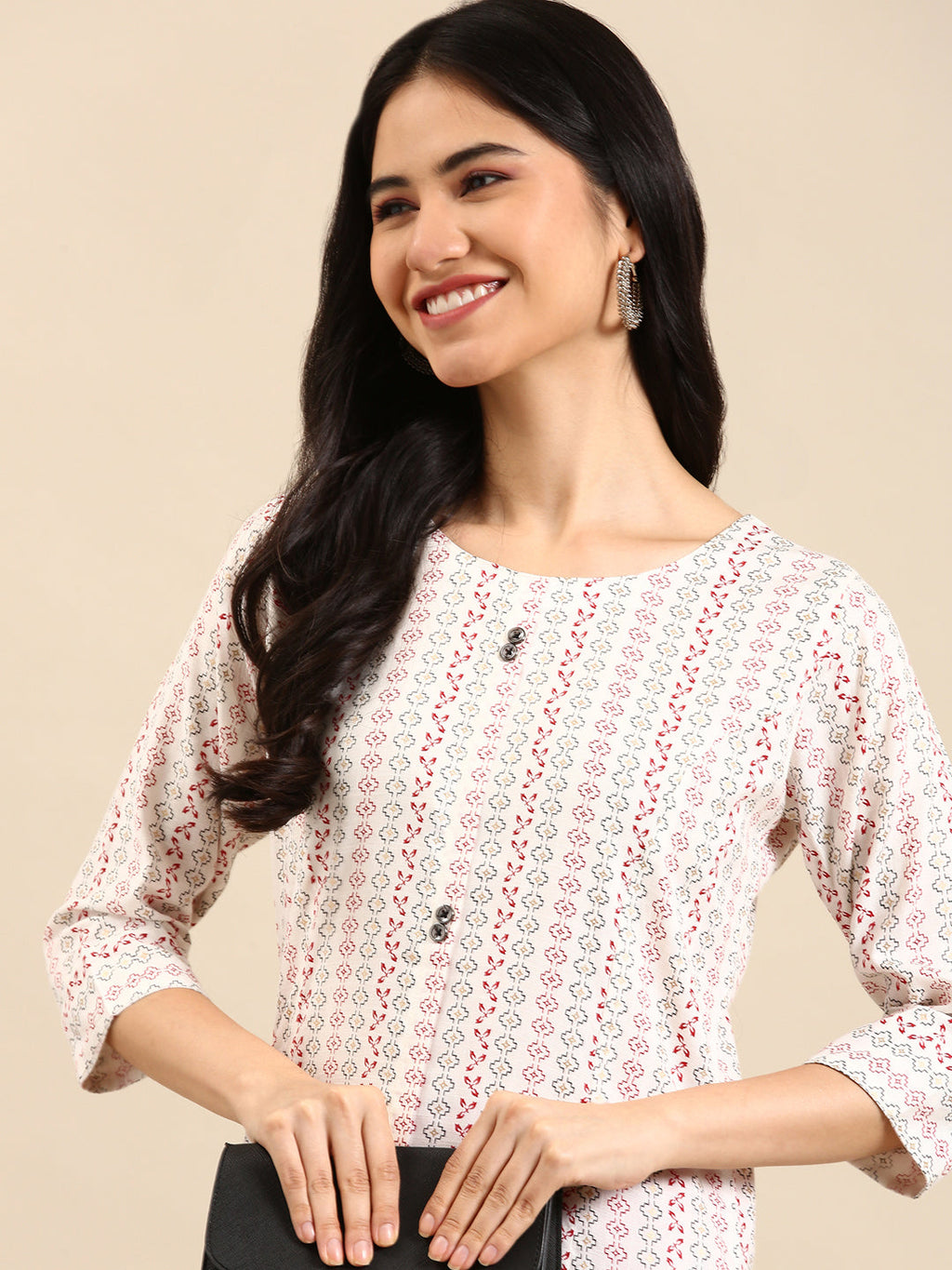 Women's White Geometric Printed Round Neck Straight Kurta
