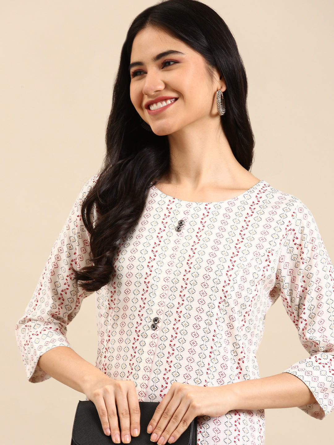Women's White Geometric Printed Round Neck Straight Kurta