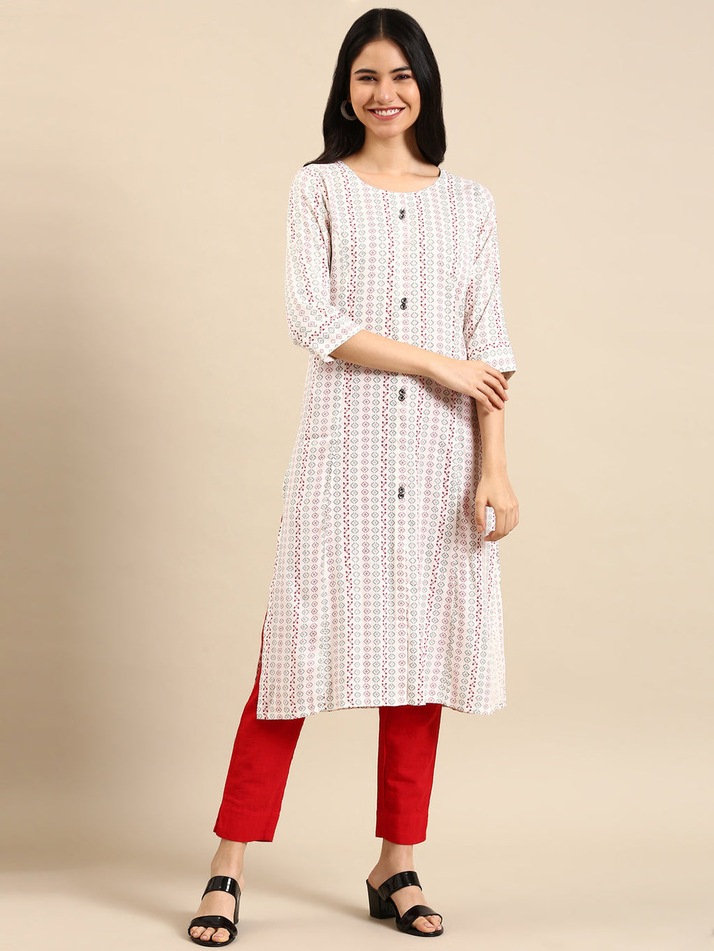Women's White Geometric Printed Round Neck Straight Kurta