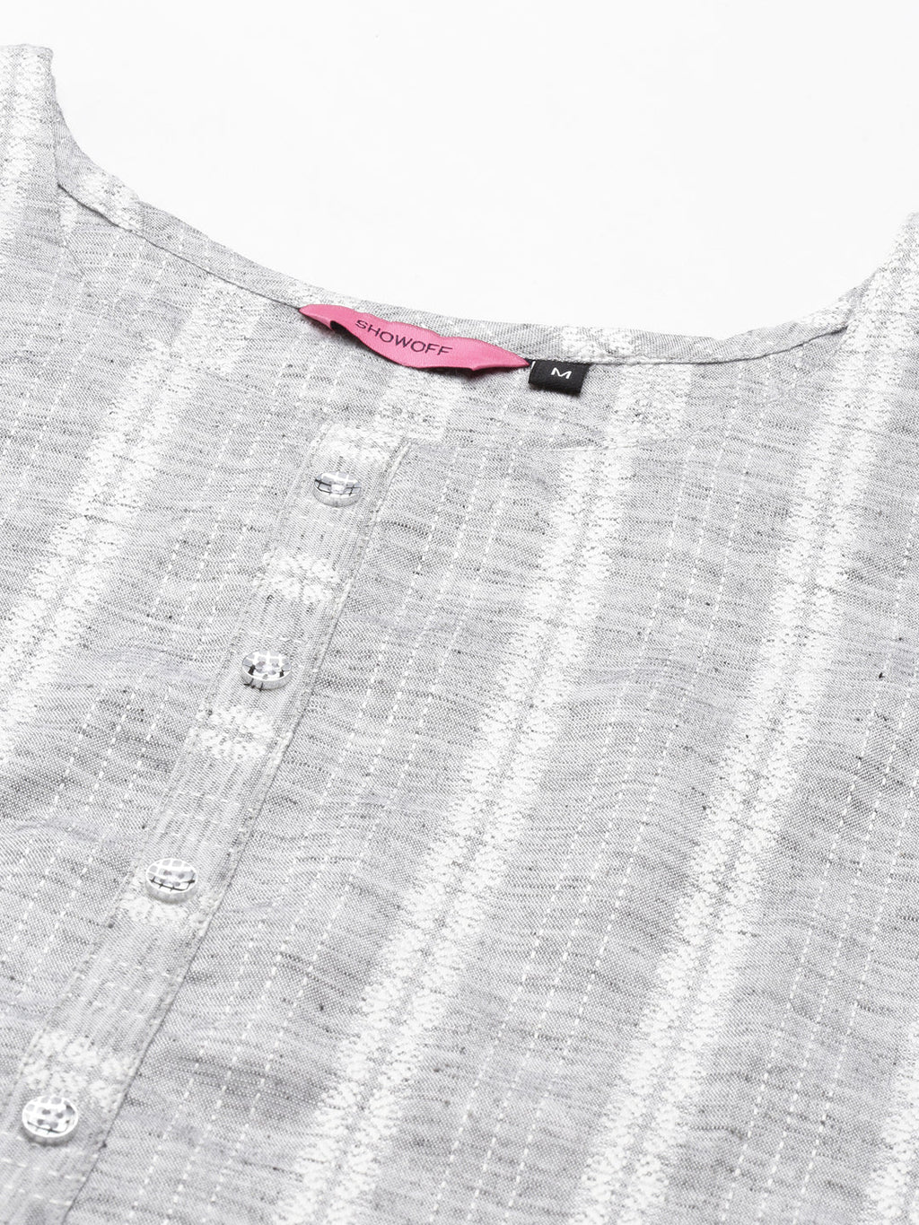 Women's Grey Striped Woven Design Thread Work Straight Kurta