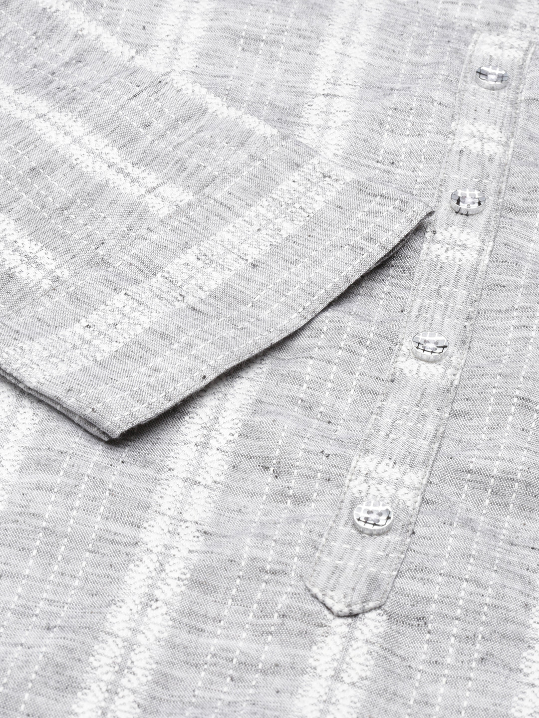 Women's Grey Striped Woven Design Thread Work Straight Kurta