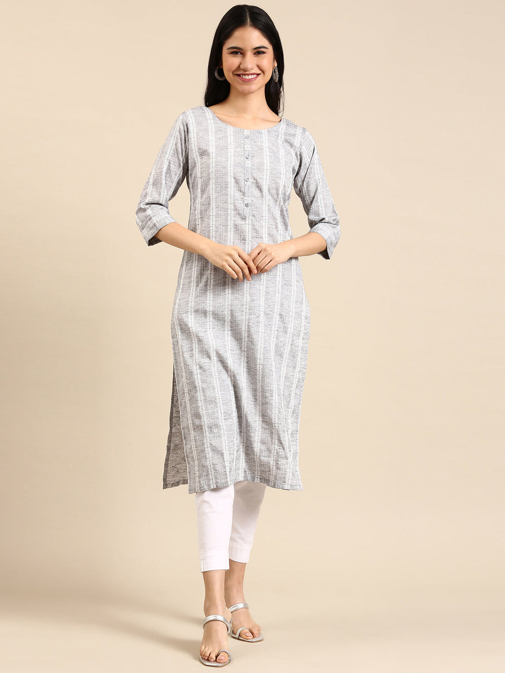Women's Grey Striped Woven Design Thread Work Straight Kurta