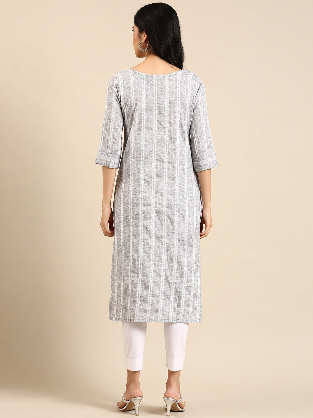 Women's Grey Striped Woven Design Thread Work Straight Kurta