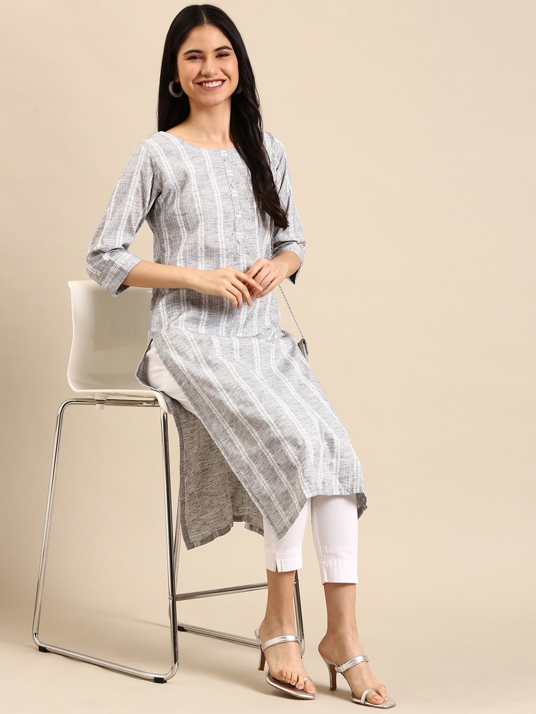 Women's Grey Striped Woven Design Thread Work Straight Kurta