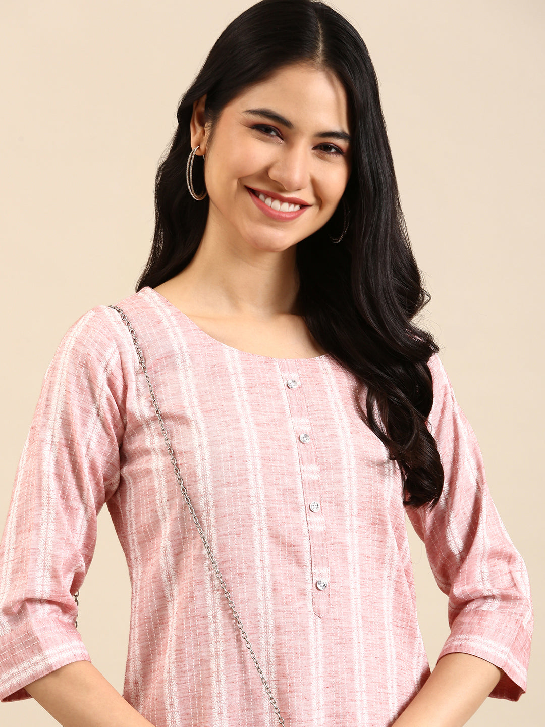 Women's Peach Striped Calf Length Woven Design Round Neck Straight Kurta