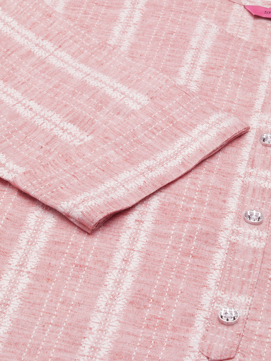 Women's Peach Striped Calf Length Woven Design Round Neck Straight Kurta