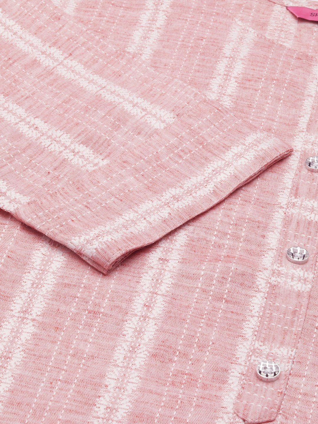 Women's Peach Striped Calf Length Woven Design Round Neck Straight Kurta