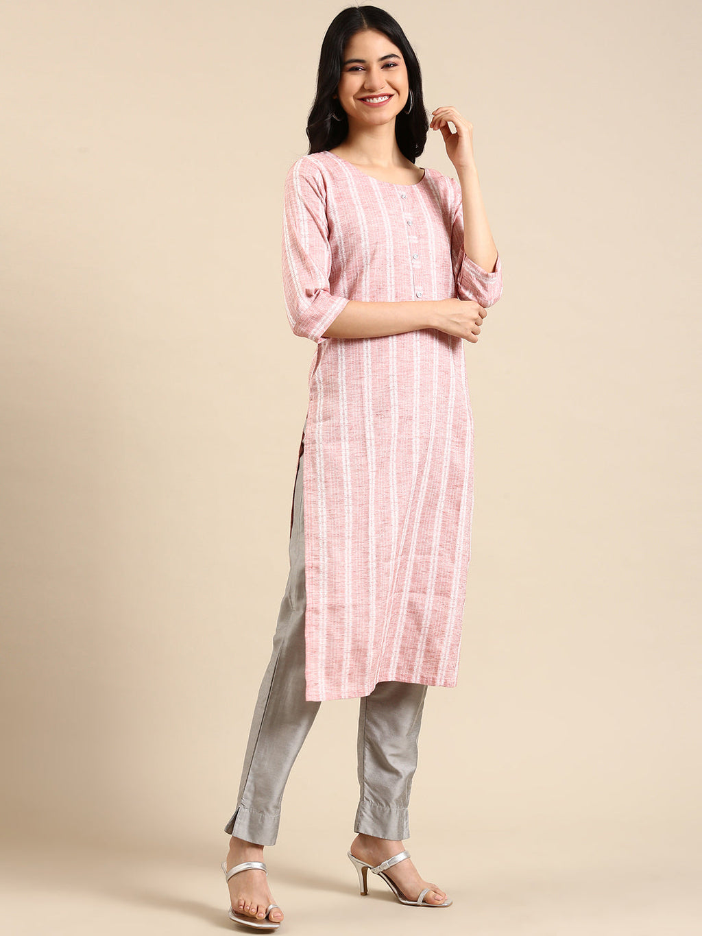 Women's Peach Striped Calf Length Woven Design Round Neck Straight Kurta
