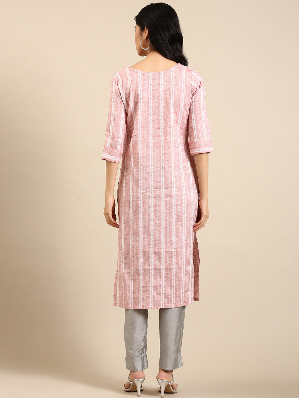 Women's Peach Striped Calf Length Woven Design Round Neck Straight Kurta
