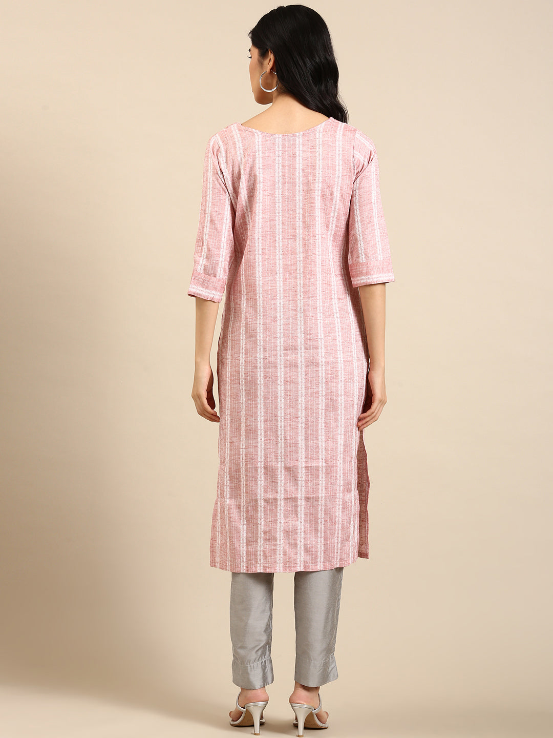 Women's Peach Striped Calf Length Woven Design Round Neck Straight Kurta