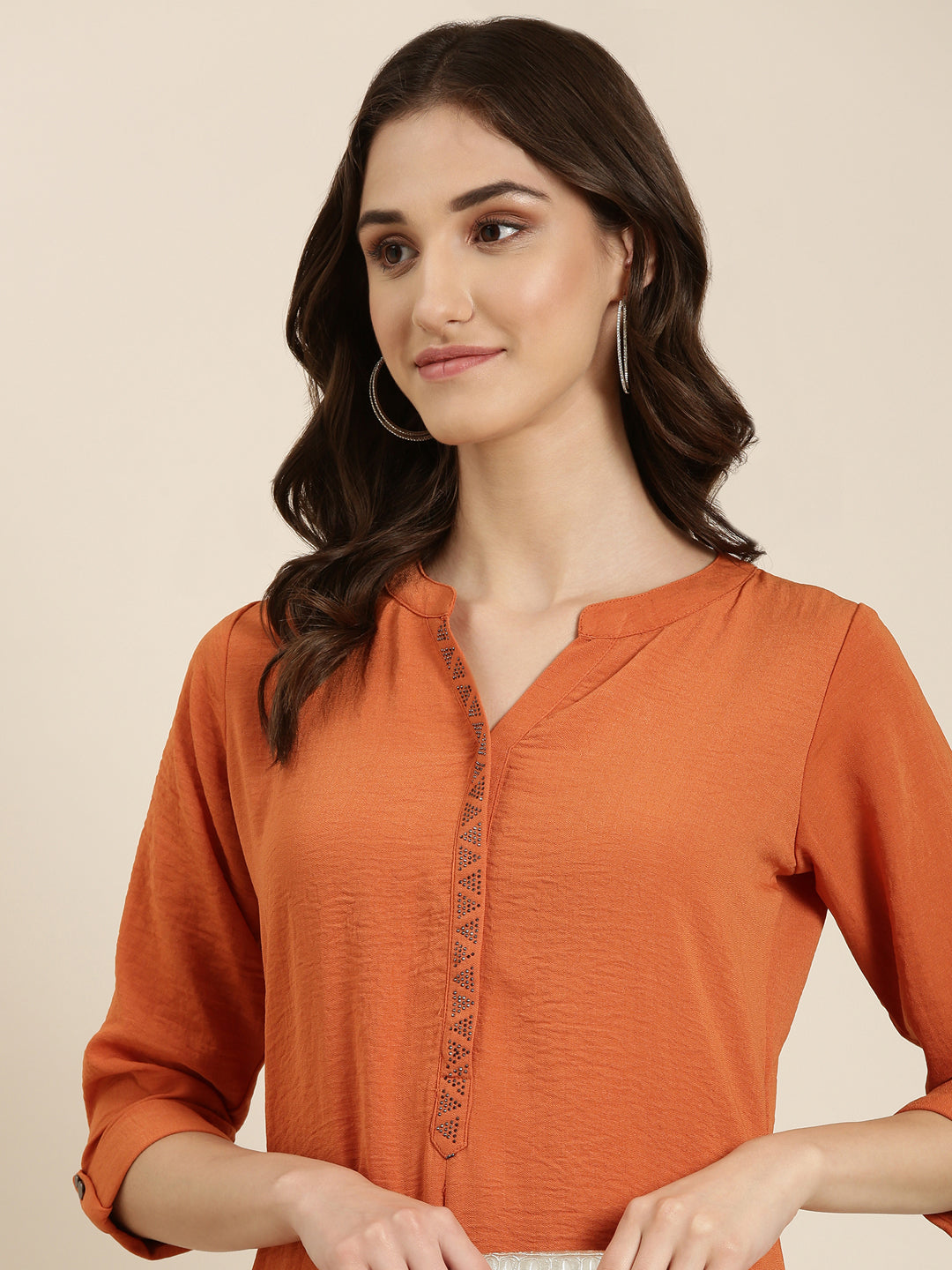 Women's Rust Mandarin Collar Roll Up Sleeves Straight Kurta