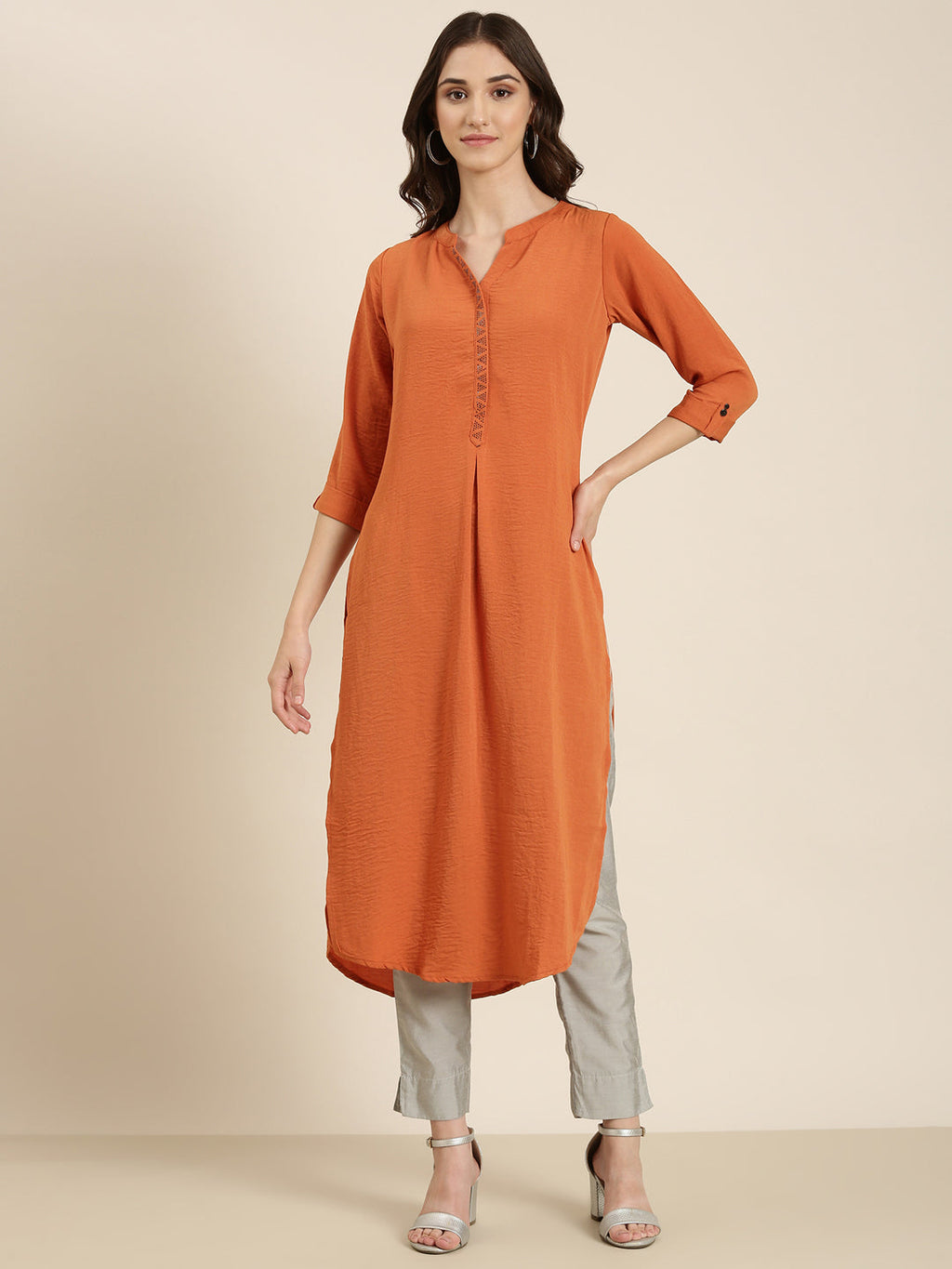 Women's Rust Mandarin Collar Roll Up Sleeves Straight Kurta