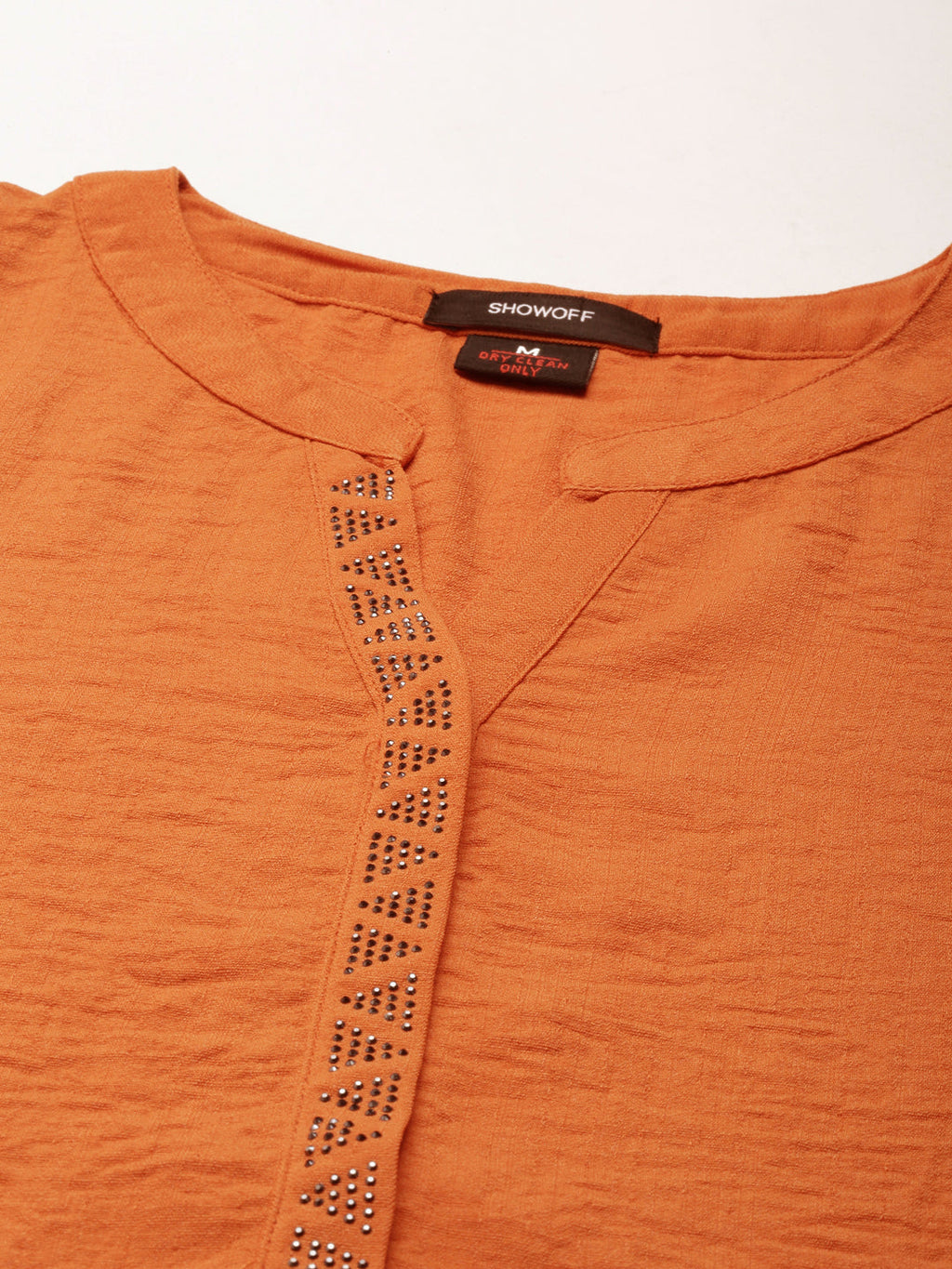 Women's Rust Mandarin Collar Roll Up Sleeves Straight Kurta