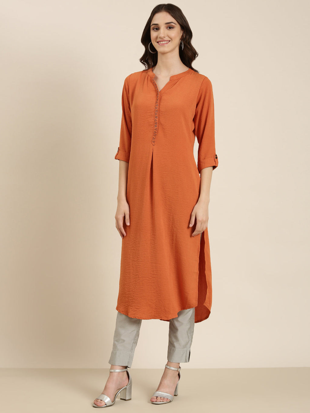 Women's Rust Mandarin Collar Roll Up Sleeves Straight Kurta