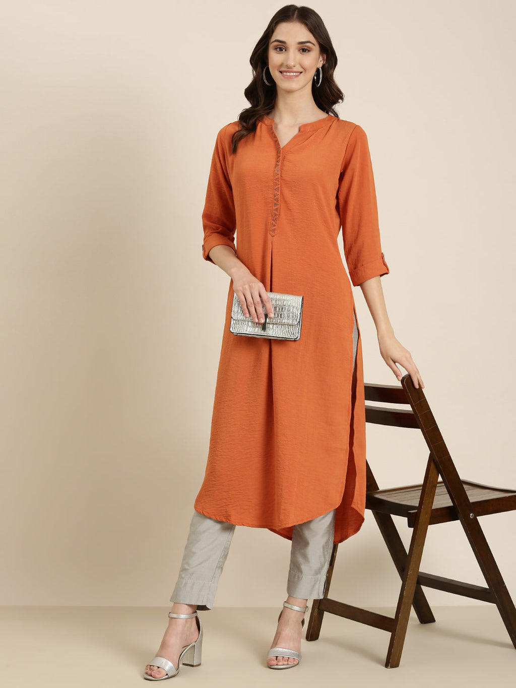 Women's Rust Mandarin Collar Roll Up Sleeves Straight Kurta