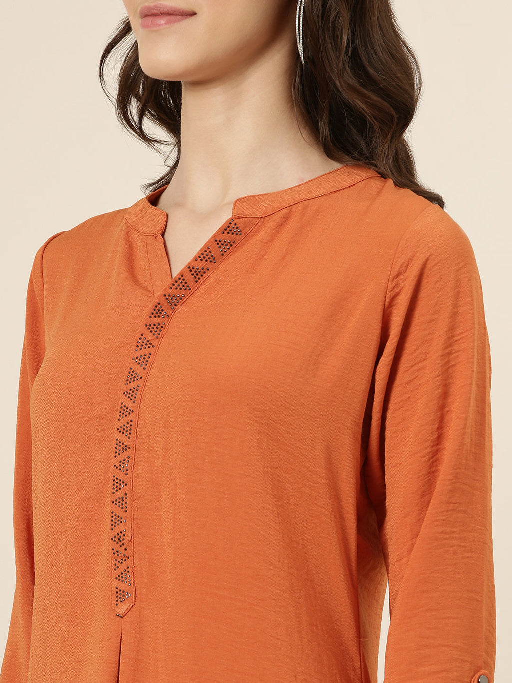 Women's Rust Mandarin Collar Roll Up Sleeves Straight Kurta