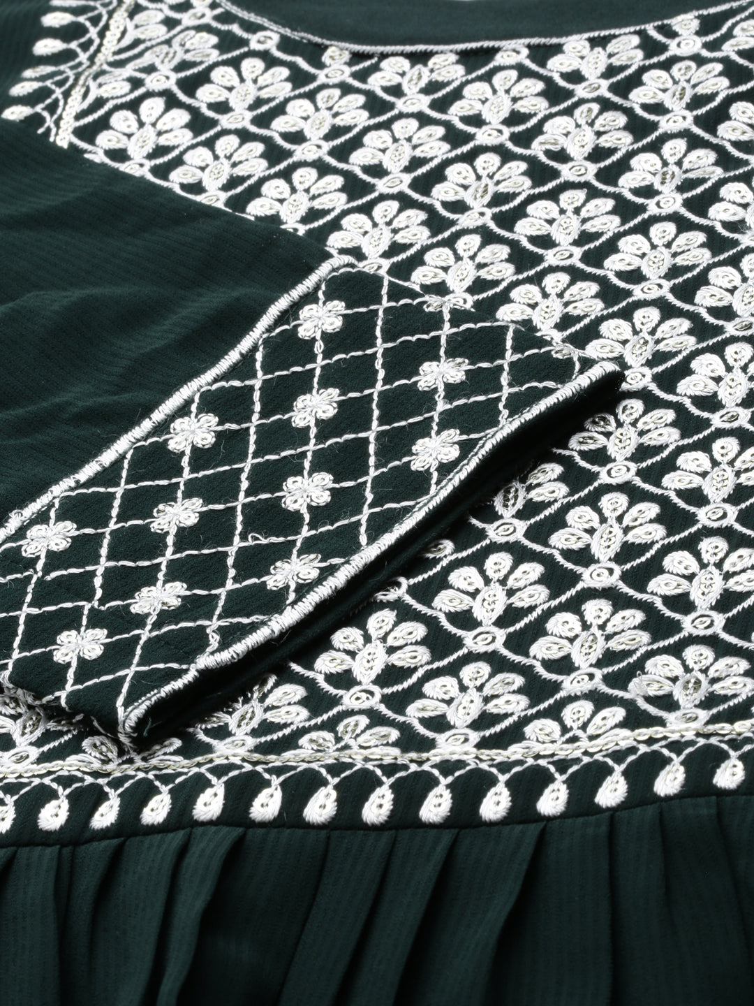 Women's Green Floral Thread Work Anarkali Kurta