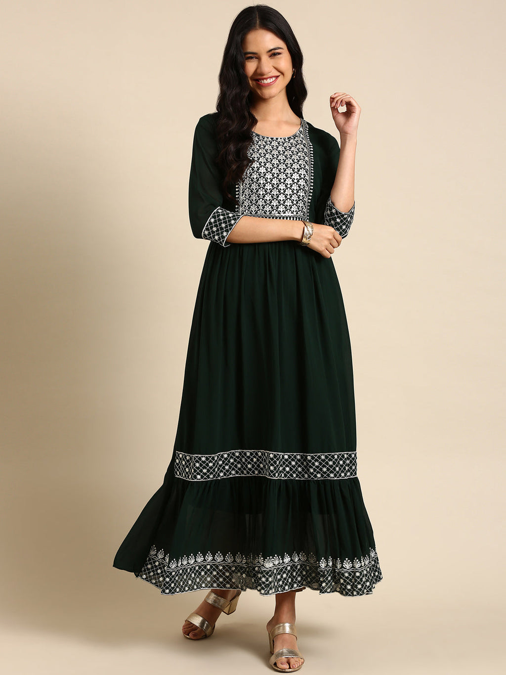 Women's Green Floral Thread Work Anarkali Kurta