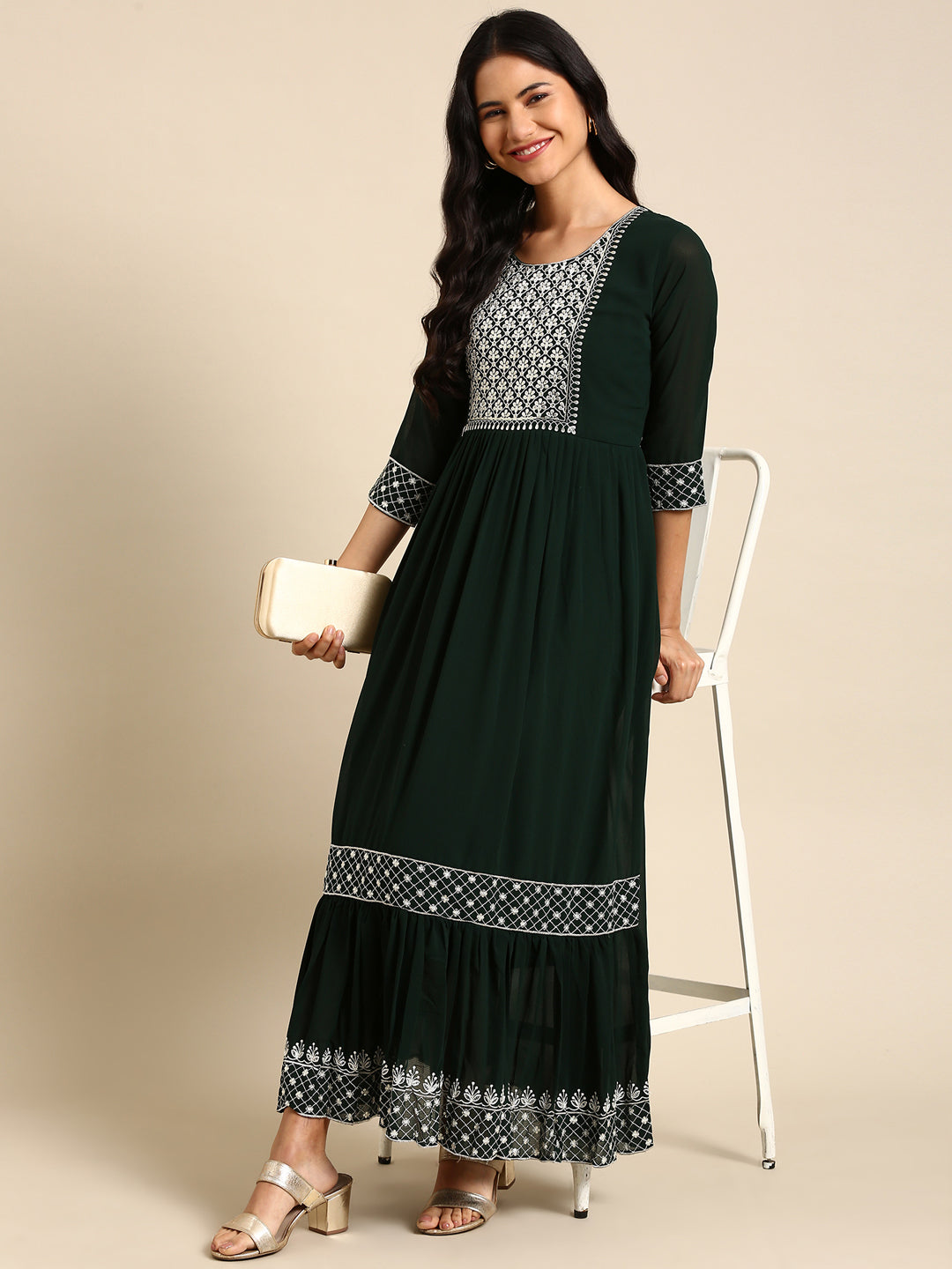 Women's Green Floral Thread Work Anarkali Kurta
