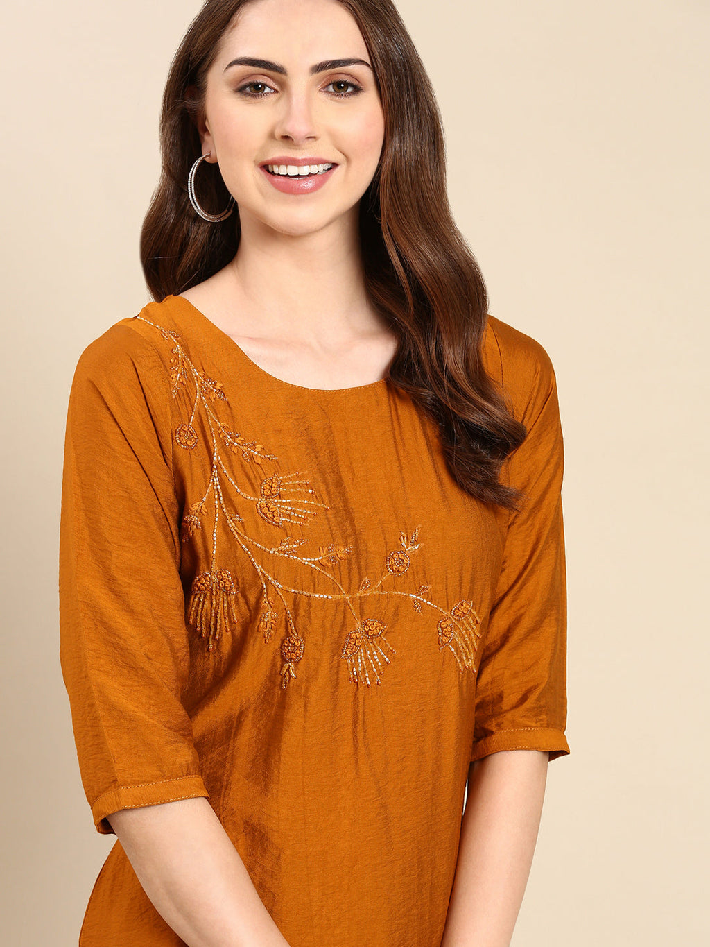 Women's Mustard Embellished Straight Kurta