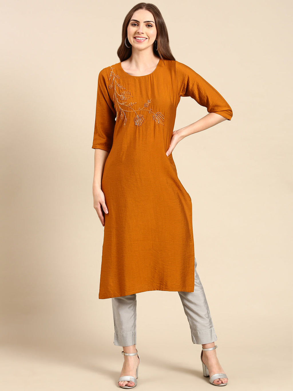 Women's Mustard Embellished Straight Kurta
