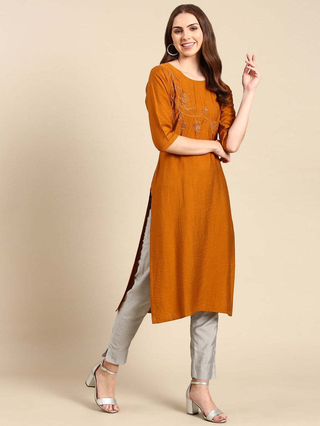 Women's Mustard Embellished Straight Kurta