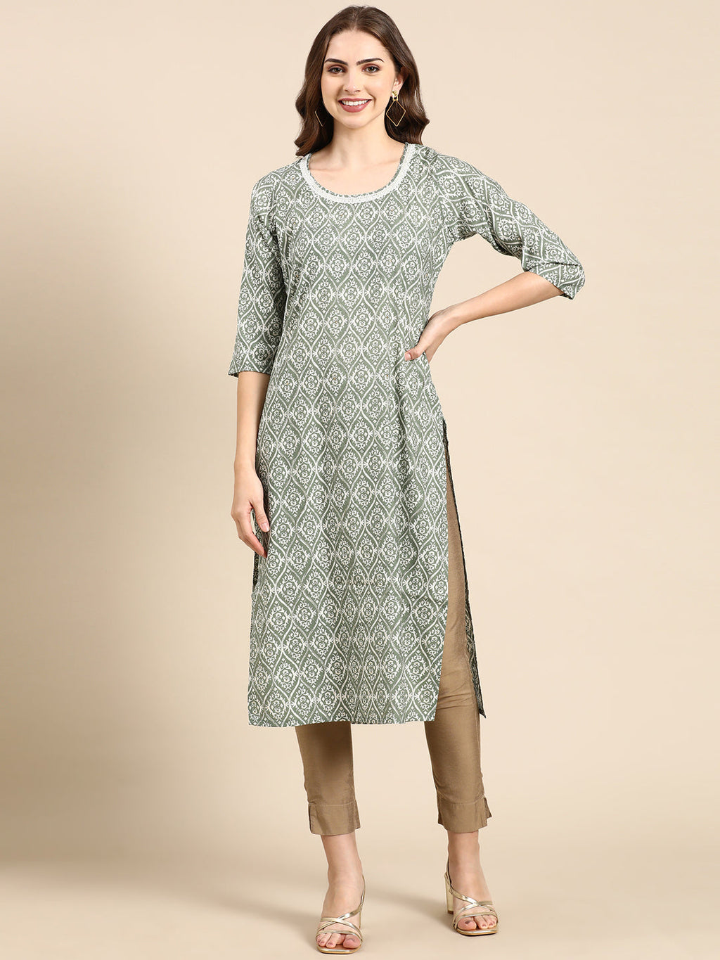 Women's Sea Green Bead Work Straight Kurta