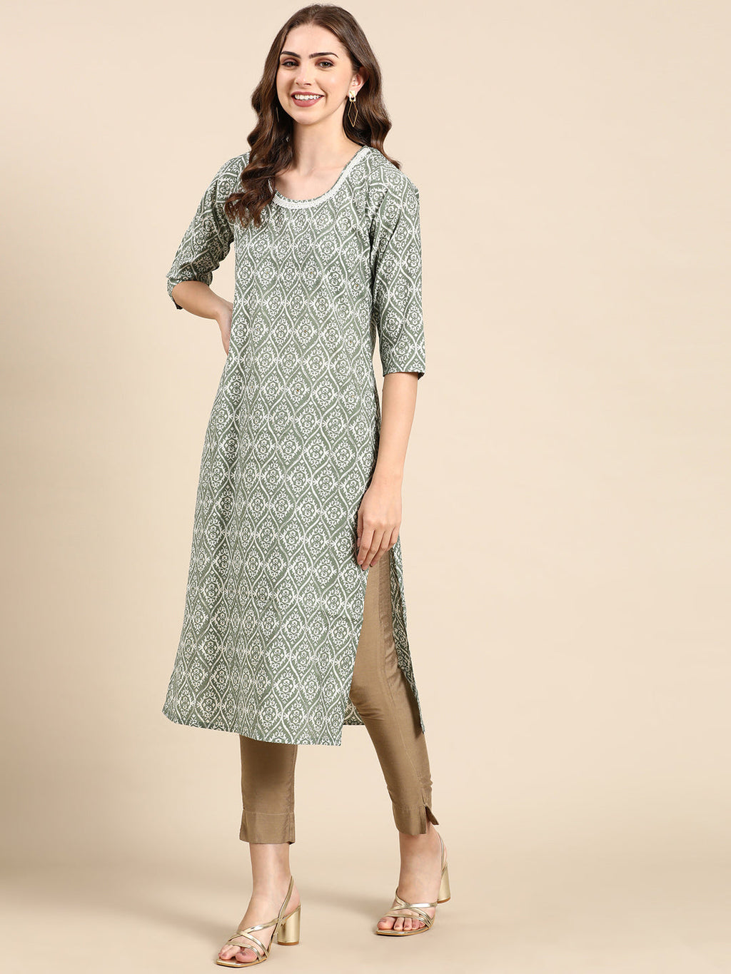 Women's Sea Green Bead Work Straight Kurta