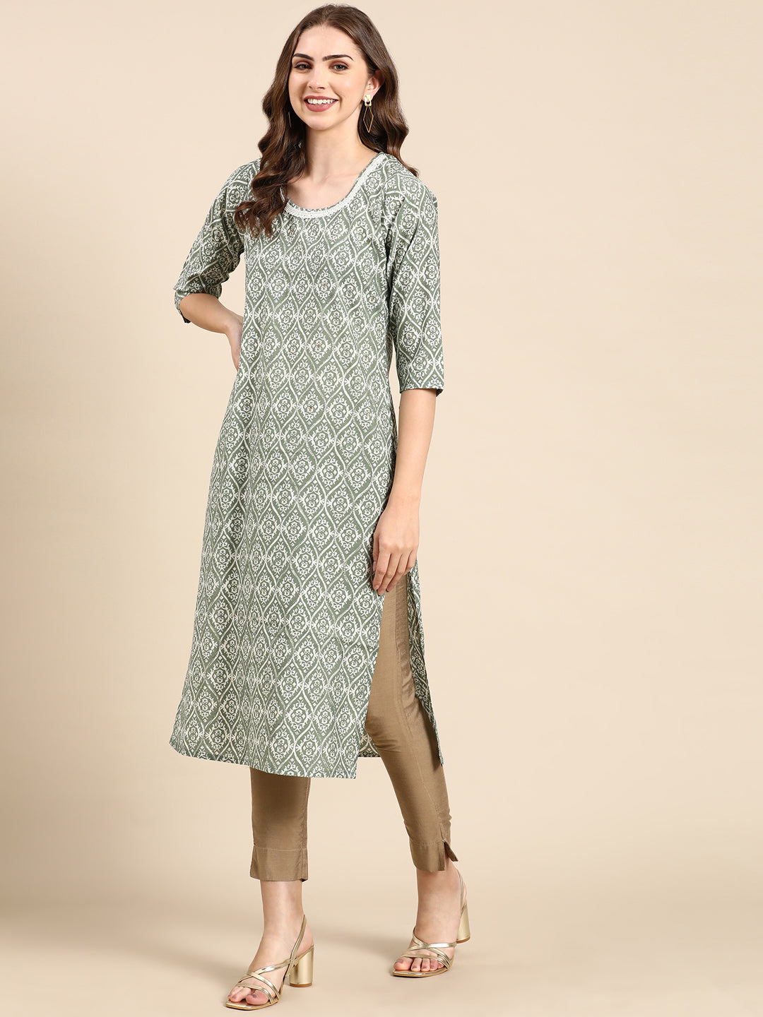 Women's Sea Green Bead Work Straight Kurta