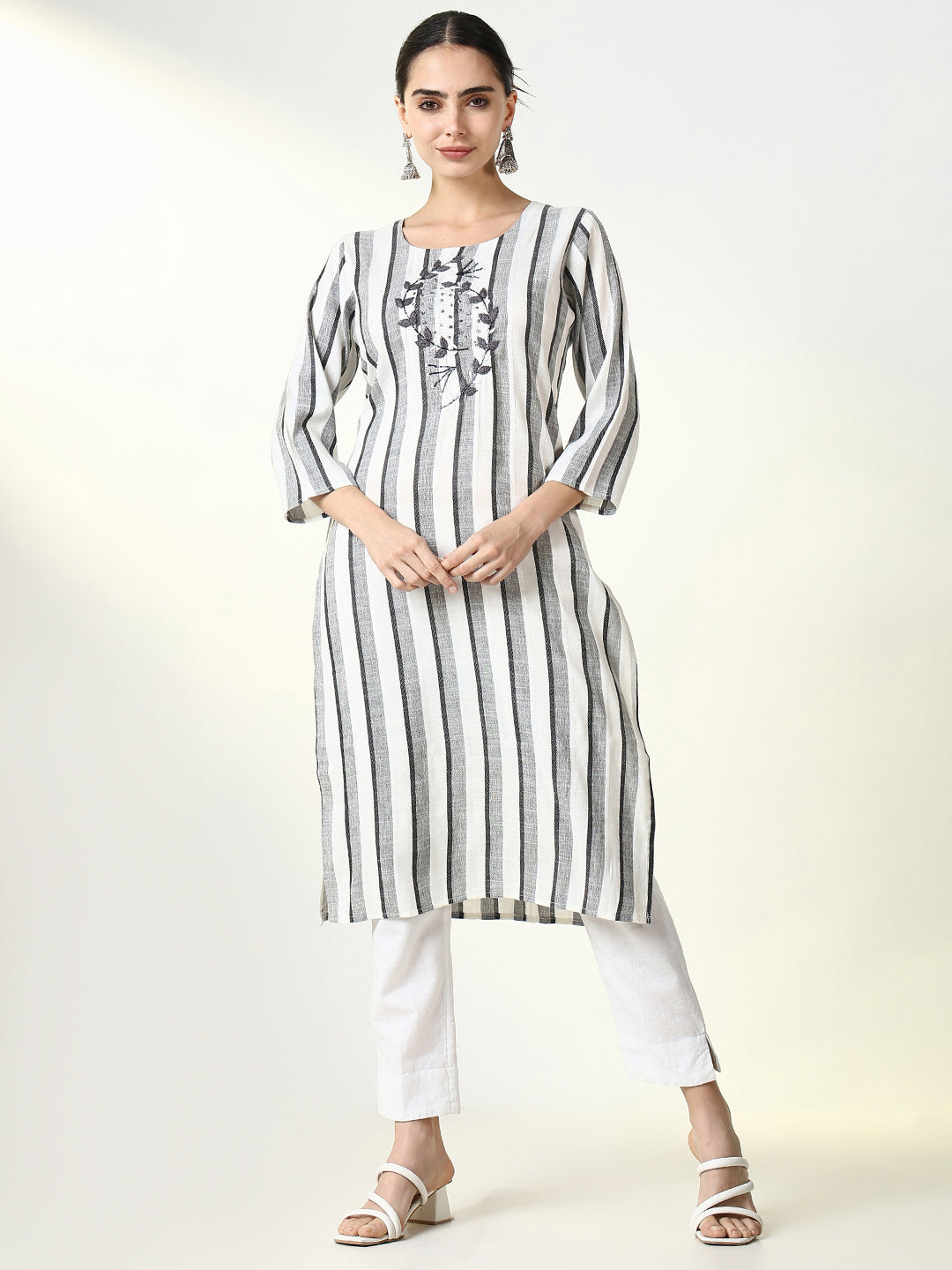 Women's Grey Striped Straight Kurta