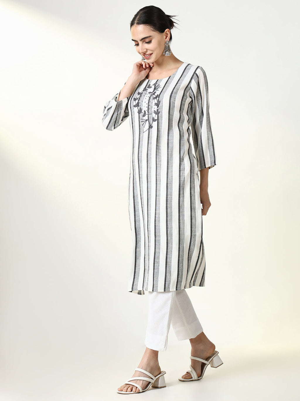 Women's Grey Striped Straight Kurta