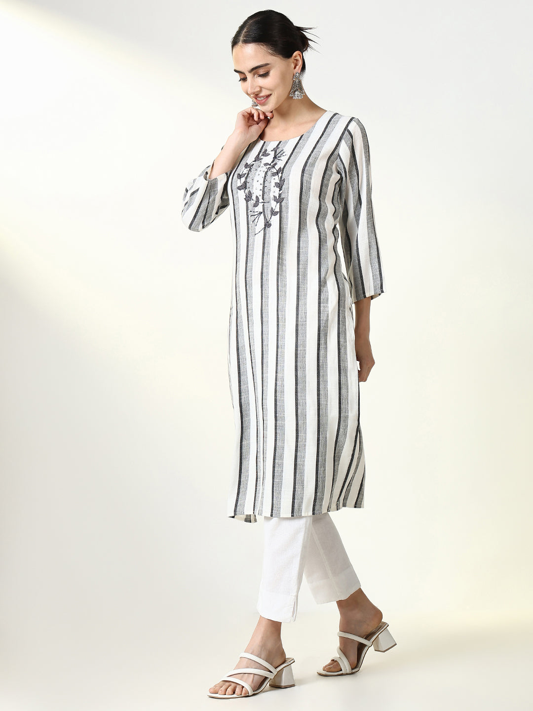 Women's Grey Striped Straight Kurta