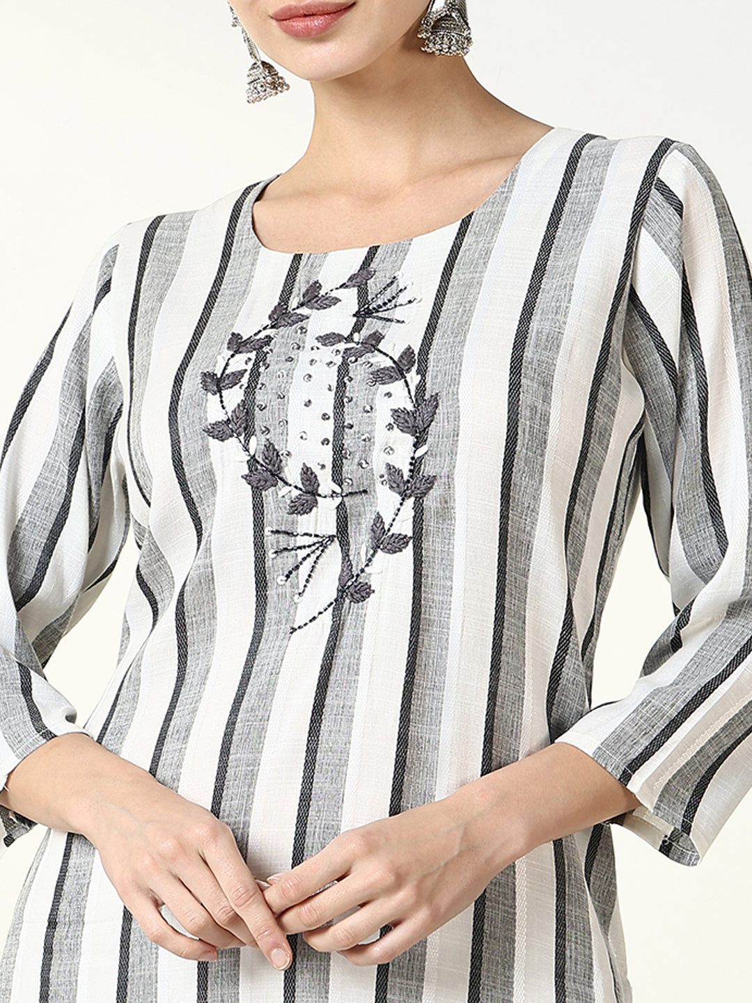 Women's Grey Striped Straight Kurta