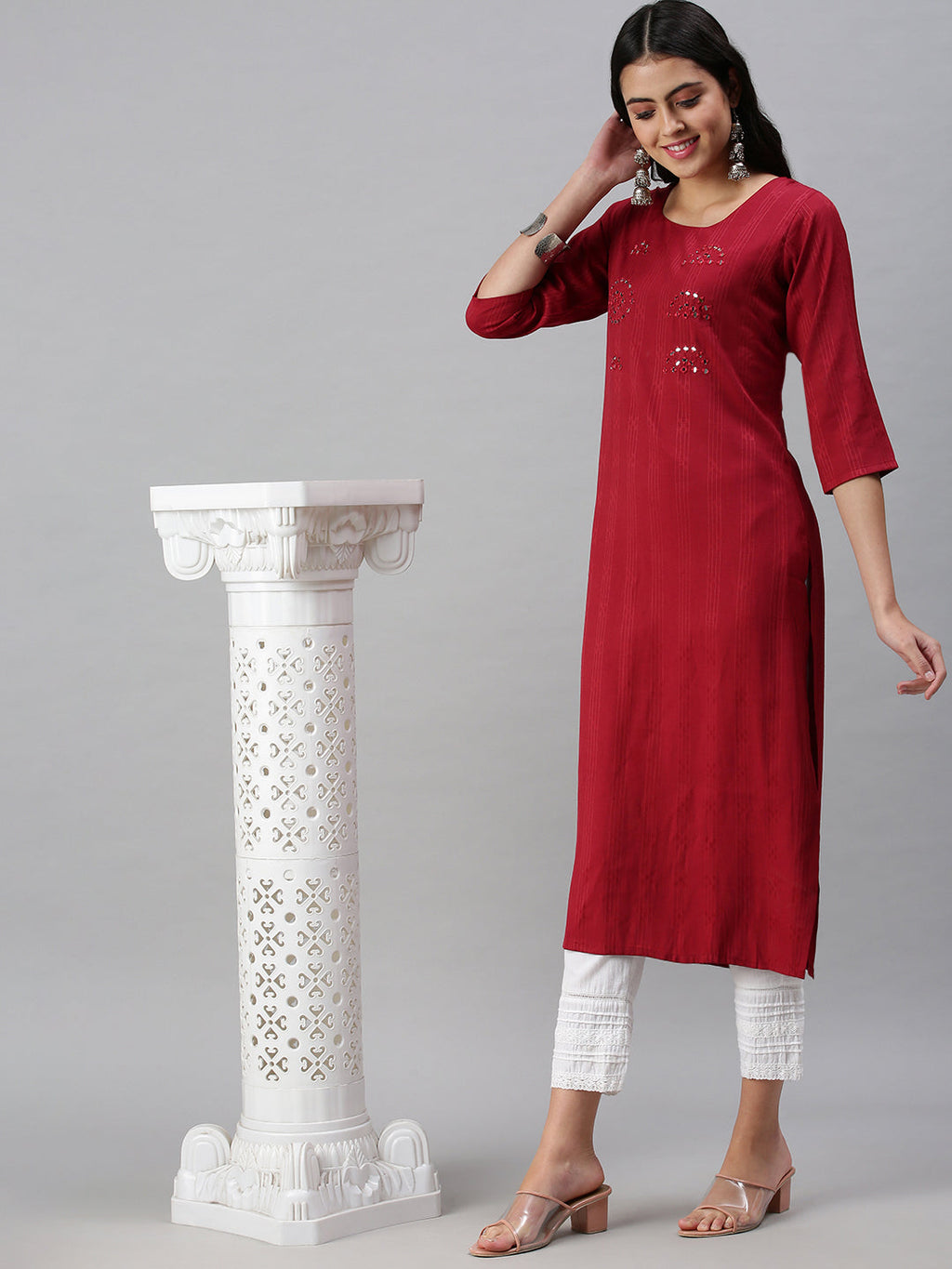 Women's Maroon Striped Straight Kurta