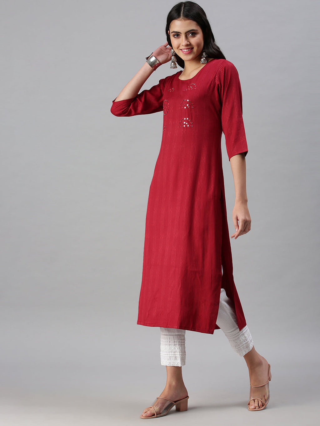 Women's Maroon Striped Straight Kurta