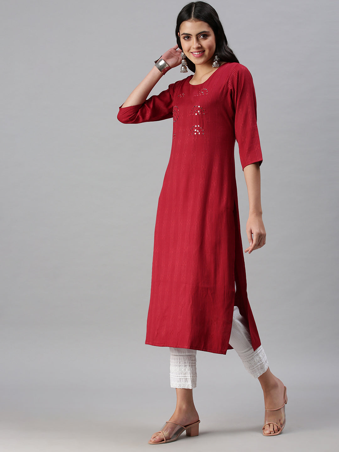 Women's Maroon Striped Straight Kurta