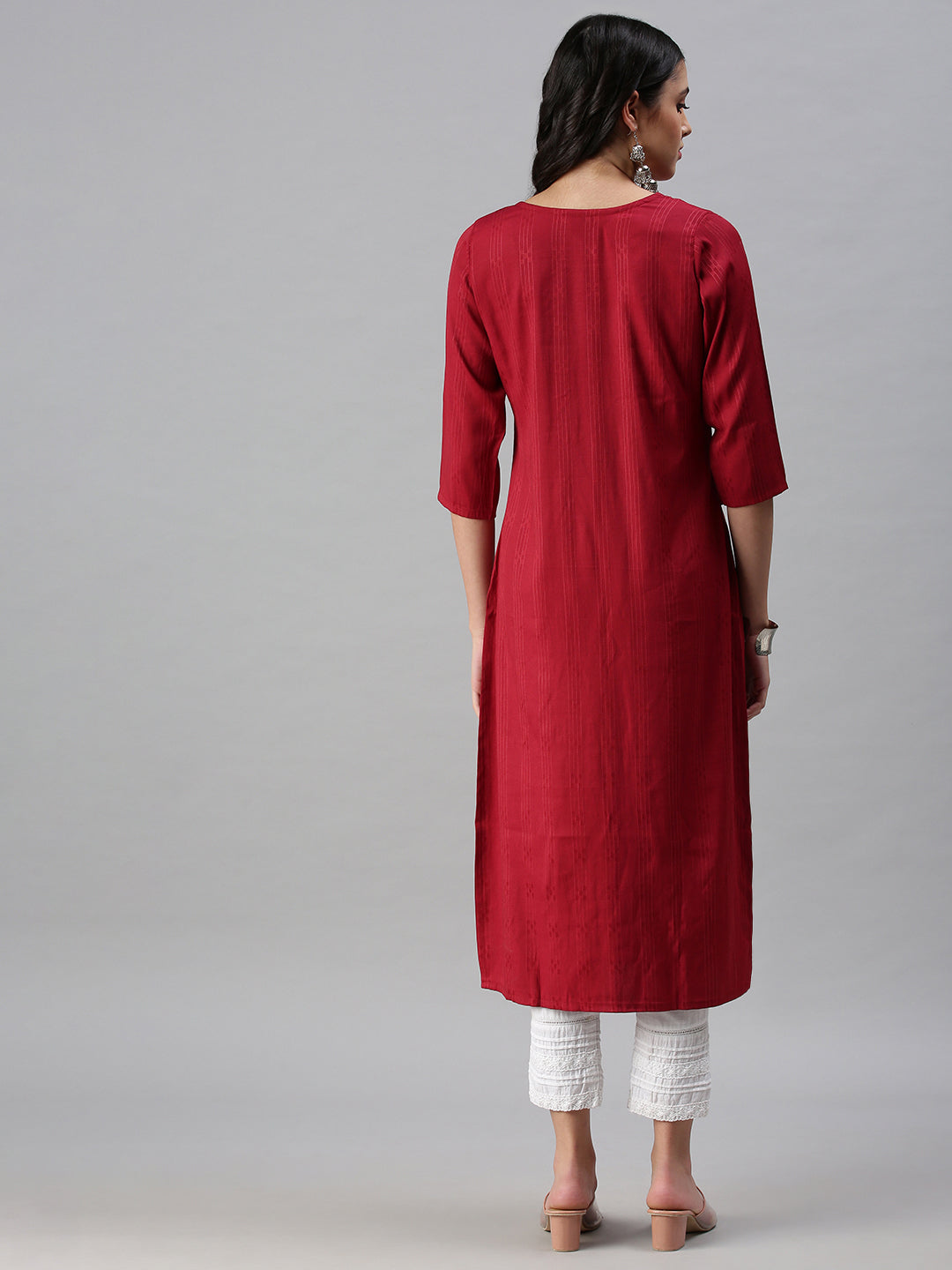 Women's Maroon Striped Straight Kurta